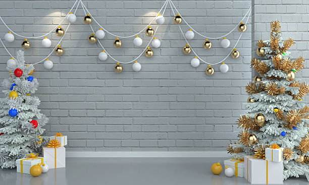 istock Christmas tree and gifts on brick white wall background. 498889680
