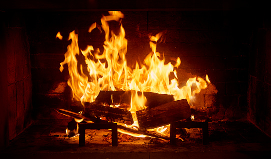 Burning fireplace.