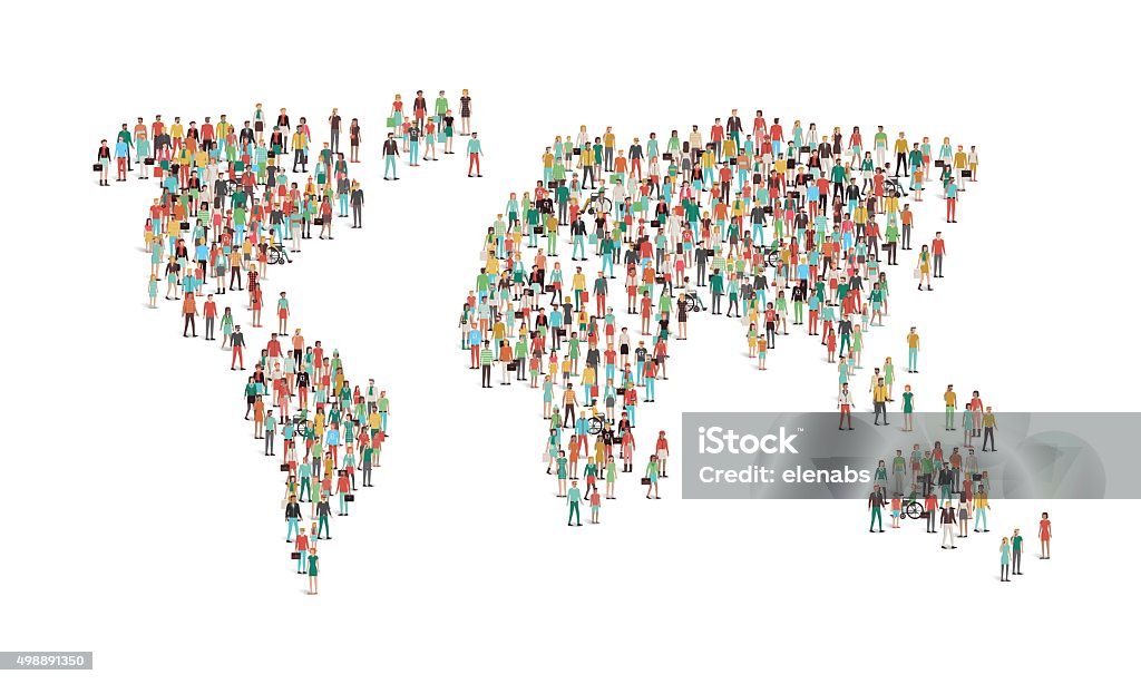 Crowd of people composing a world map Crowd of people composing a world map, aerial view, global community, international communications and human rights concept World Map stock vector