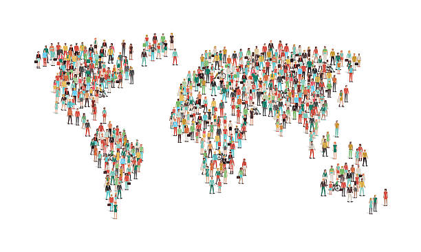 Crowd of people composing a world map Crowd of people composing a world map, aerial view, global community, international communications and human rights concept large group of people illustrations stock illustrations