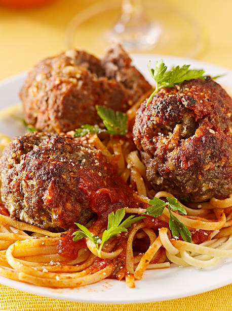 spaghetti and meatball dinner close up