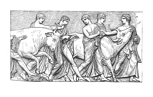 расходуемый жертв в процессия (старые гравировка) - religious offering illustrations stock illustrations
