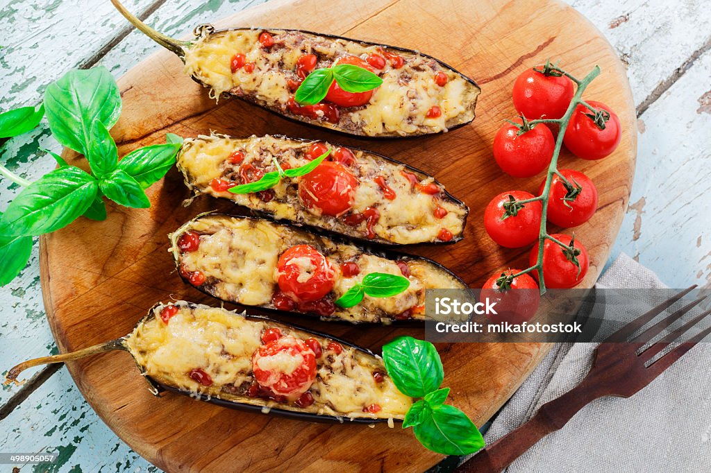 baked eggplant with cheese meat and tomatoes Appetizer Stock Photo