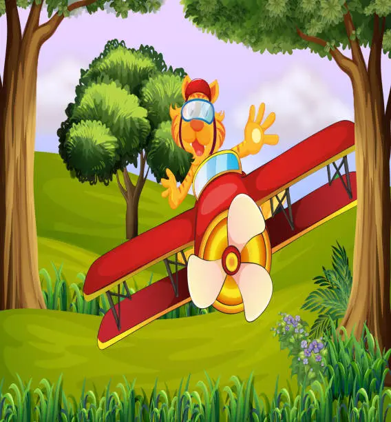 Vector illustration of Plane at the forest with a tiger