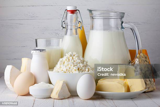 Dairy Products On Wooden Table Stock Photo - Download Image Now - Dairy Product, Egg - Food, Cheese