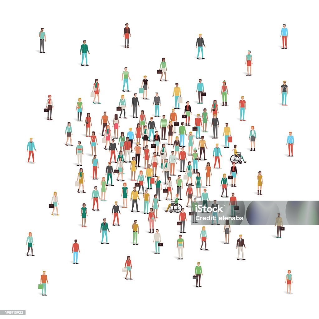 Crowd of people gathering at center Crowd of people gathering at center, men and women, different ethnic groups and clothing Customer stock vector