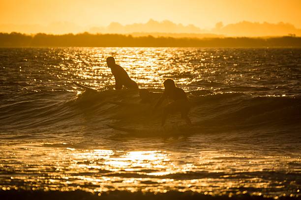 surfer silhouettes on waves in the sunset