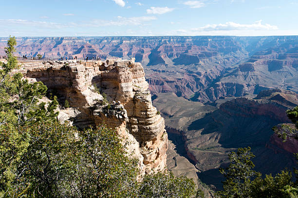 A group of tourists stand at Mather Point, a popular lookout on the South Rim of the Grand Canyon National Park in Arizona. The expansive view showcases the vast canyon, with layers of rugged rock formations and deep valleys illuminated by the setting sun. Greenery frames the scene, adding contrast to the arid landscape.