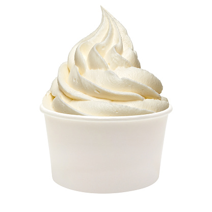 Vanilla ice cream or frozen yogurt in takeaway cup on white background
