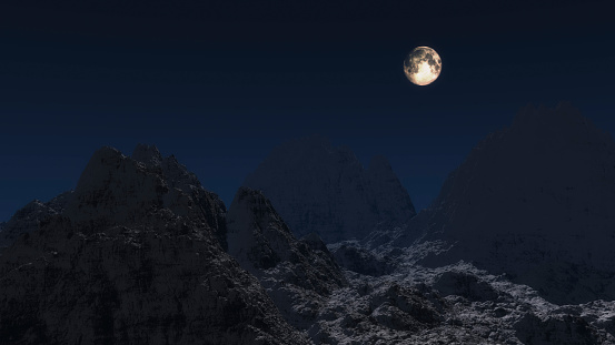 Snow mountain landscape in moonlight.