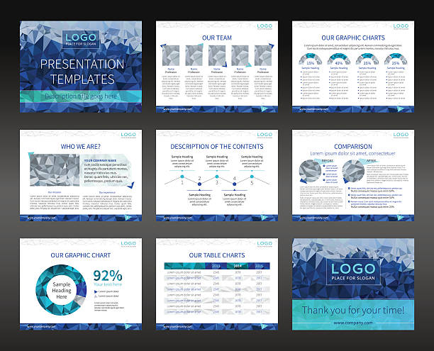 Presentation templates and business brochures layout design Low polygon style illustration - cyan and blue version. Vector blue powerpoint template stock illustrations