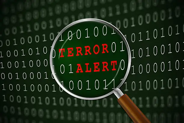 A magnifying glass inspecting data with the focus on the words "Terror Alert" in red.