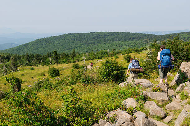 A group of friends hike on the Appalachian Trail in southwest Virginia, part of a three-day trek that began in Grayson Highlands State Park at Elk Garden, on Highway 600.
