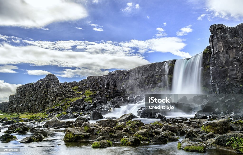 Oxararfoss in Iceland Oxararfoss waterfall in Thingvellir National Park, Iceland. The Oxarar river runs through the break line between two tectonic plates. Thingvellir Stock Photo