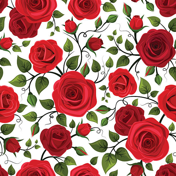 Seamless pattern with red roses. Vector illustration. Vector seamless pattern with red roses and green leaves on a white background. swirly vines stock illustrations
