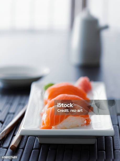 Colorful Salmon Nigiri In Asian Setting Stock Photo - Download Image Now - Sake Nigiri, Asia, Chopsticks