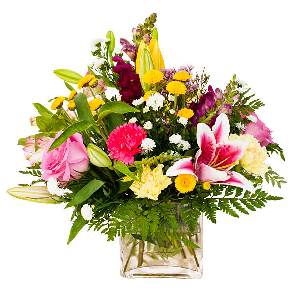 isolated bouquet assorted flowers in glass vase