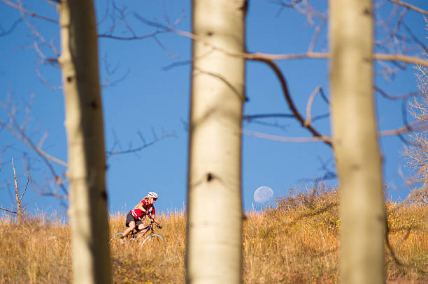 ciclismo de montaña mujer moonrise - usa action adventure aspen tree fotografías e imágenes de stock
