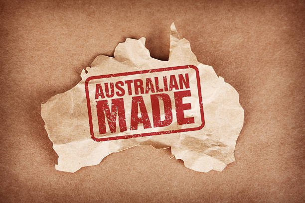 Australian Made on Crumpled Brown Paper Australia with Cardboard Background stock photo