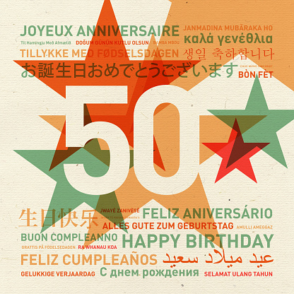 50th anniversary happy birthday from the world. Different languages celebration card