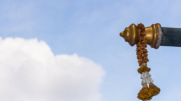 Dry Thai garland hand on pole arm. Thai people always use garland in worship ceremony. Garland always use in rite and practice of religion. It's a part of Thai culture. Garland means welcome, happy and respect to something or someone.