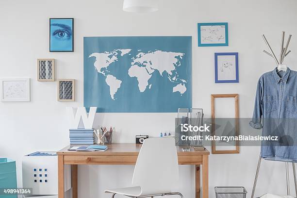 Blue Map On The Wall Stock Photo - Download Image Now - Bedroom, Teenager, Blue
