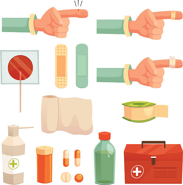 Set of medical icons Cut on finger/ first aid kit hydrogen peroxide stock illustrations