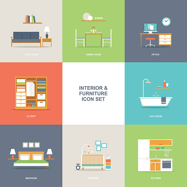 Room interior and furniture icon set Set of colorful vector interior room type icons in modern flat design featuring living room, bedroom, kitchen, bathroom, dining room, home office and nursery. bed furniture illustrations stock illustrations