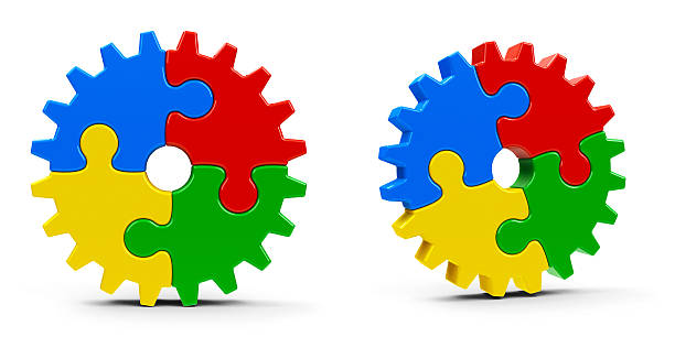 tło puzzle narzędzia - gear machine part wheel four objects zdjęcia i obrazy z banku zdjęć