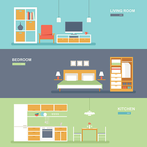 Room interior and furniture banner set Set of vector room type furniture interior design banners featuring living room, bedroom and kitchen in modern flat style. Easy to edit, elements are grouped and in separate layers. bedroom stock illustrations