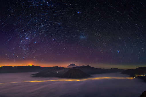 Star-trail view on the above of Bromo mountain