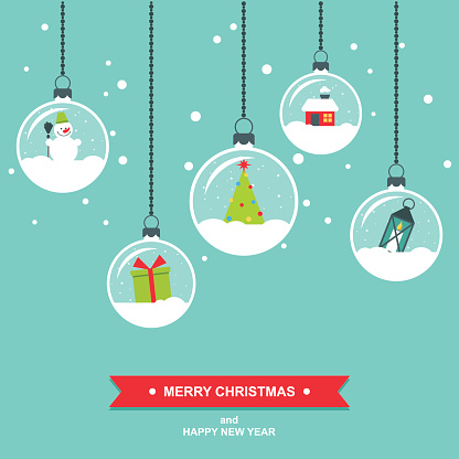 Modern colorful flat design vector illustration/ greeting card with hanging snowglobes. Easy to edit, elements are grouped and in separate layers.