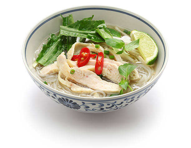 georgia, pho vietnamita pollo sopa de fideos de arroz - long coriander fotografías e imágenes de stock