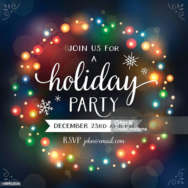 Christmas Lights Wreath Bokeh Invitation Stock Illustration - Download Image Now - Christmas, Christmas Lights, Party - Social Event