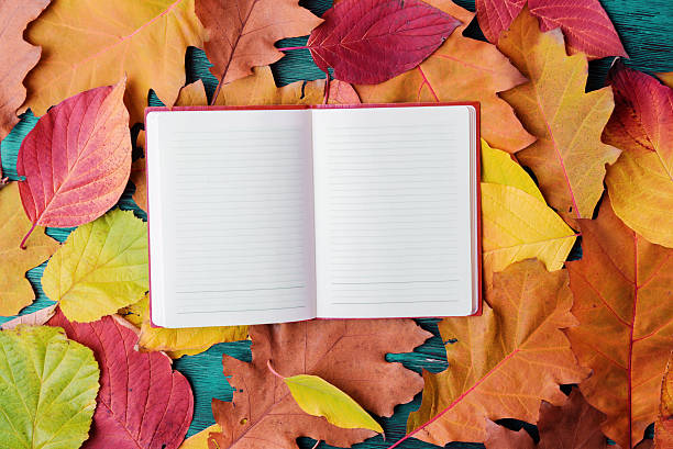istock Open note book over wooden background with autumn leaves 498952462
