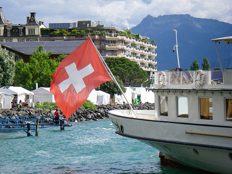 Swiss Flag on stern of Lake Geneva Steamer Montreux Switzerland