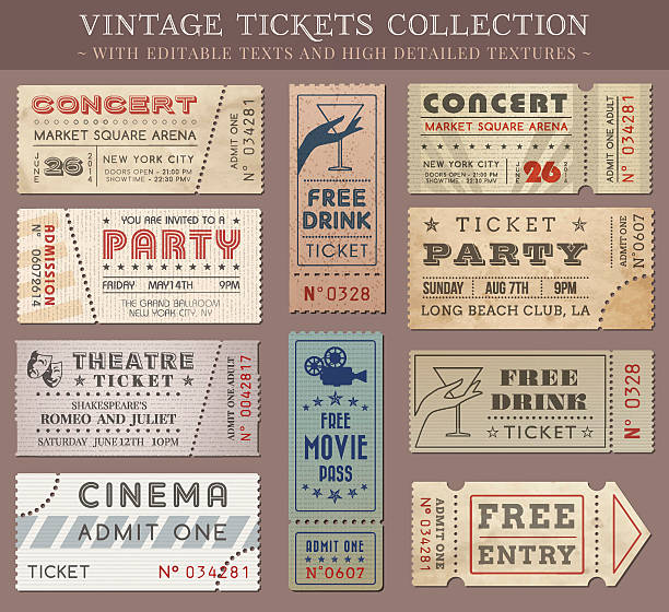 Vector Grunge Cinema tickets Hi quality vector tickets and coupons. Each ticket is orgenized in layers, separating background from art and text and graphic elements movie ticket illustrations stock illustrations