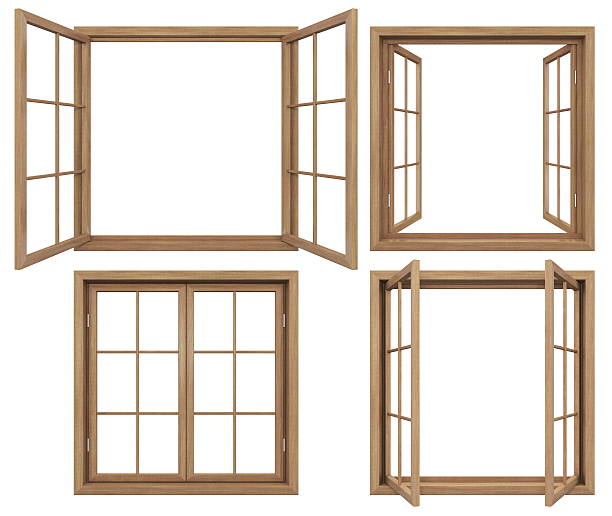 Collection of isolated wooden windows 3D render of isolated wooden open windows window stock pictures, royalty-free photos & images