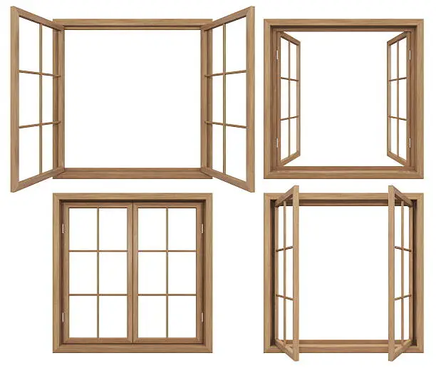 3D render of isolated wooden open windows