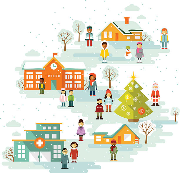 stockillustraties, clipart, cartoons en iconen met small town urban christmas winter landscape background in flat style - cafe snow