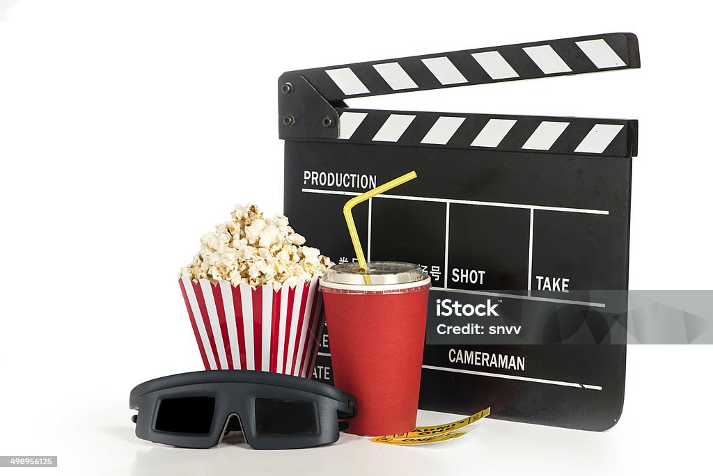 Cinema objects Popcorn and movie ticket on white background for cinema concept 3-D Glasses Stock Photo