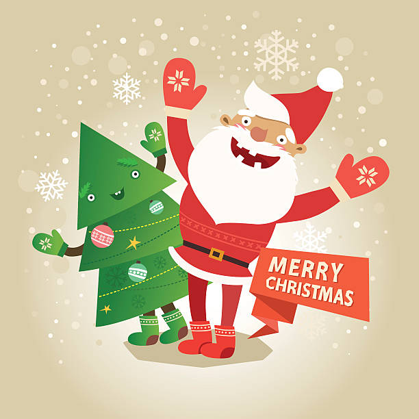 ilustraciones, imágenes clip art, dibujos animados e iconos de stock de feliz tarjeta de navidad con santa claus divertido y árbol de navidad - christmas backgrounds christmas card part of