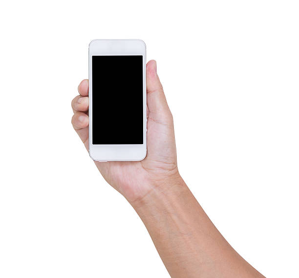 istock Man hand holding smartphone isolated on white background, clippi 498975079