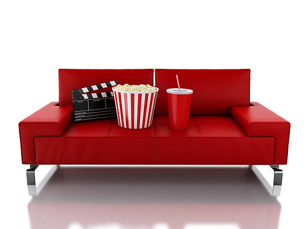 3 d pipoca e bebidas no sofá. conceito de cinema - food and drink industry audio imagens e fotografias de stock