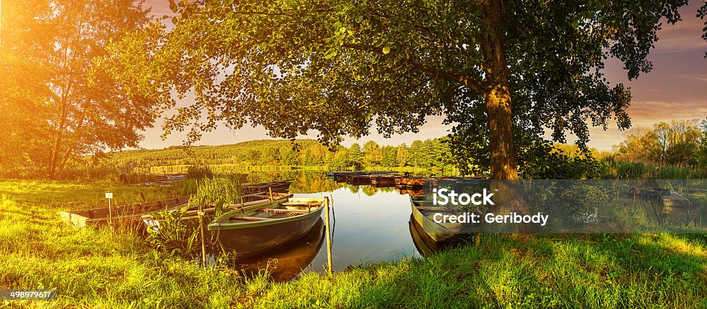 Under  trees, boats in the harbor at Lake Under the trees, boats in the harbor at Lake Backgrounds Stock Photo