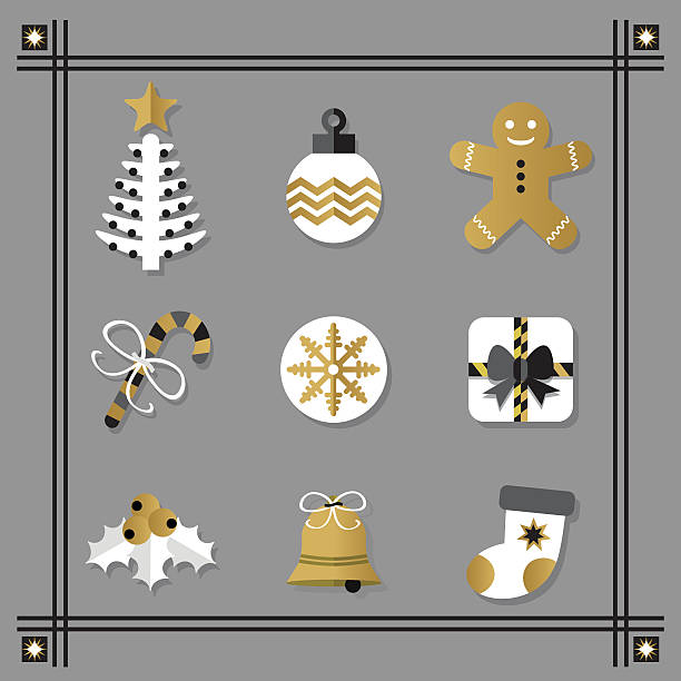 Flat white and golden Christmas icons set with black border Flat white and golden Christmas icons set with black border silhouette of christmas cookie border stock illustrations