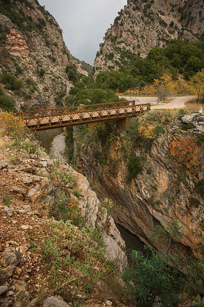 istock Scenic mountain autumn landscape with river and bridge 498983576