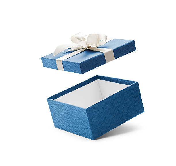 ouvert bleu boîte-cadeau avec bow blanc - gift blue gift box box photos et images de collection