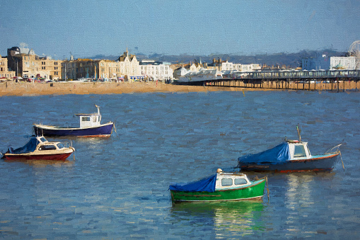 Weston-super-Mare Somerset boats sea and pier illustration like oil painting