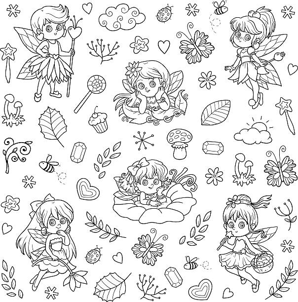 бесцветный набор о little fairies, мультяшный collection - heart shape grass paper green stock illustrations